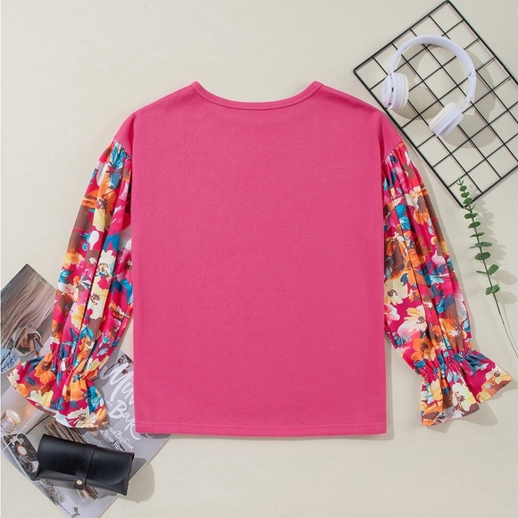 Sachet Pink Flower Patchwork Ruffled
Sleeve Ribbed Knit Drop Shoulder Top Boho - Picture 5 of 11